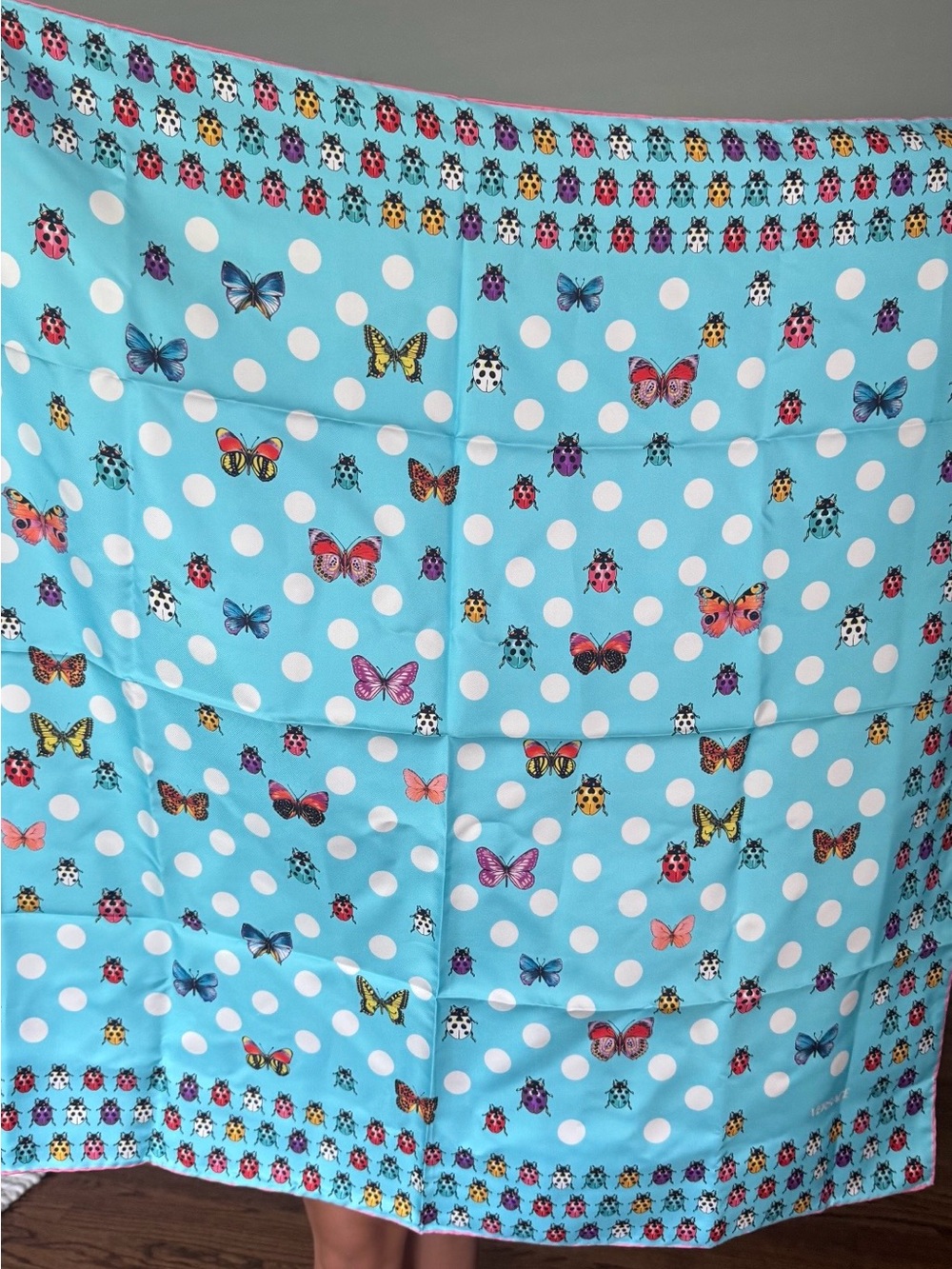 Versace NWT Turquoise Polka Dot Scarf with Colorful Butterflies & Ladybugs